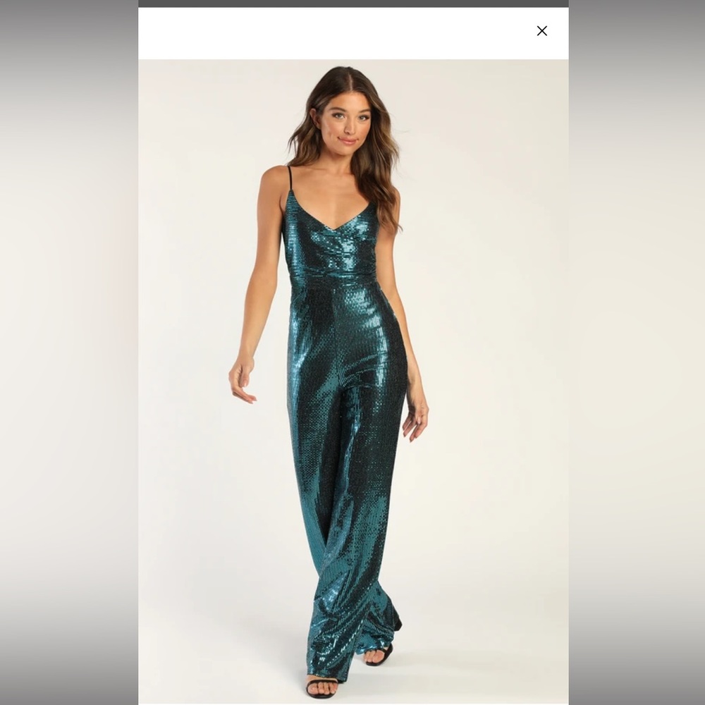 Glitter Glam Shiny Teal Sequin Sleeveless Jumpsuit